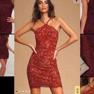Wine Red Lace Halter Bodycon Mini Dress